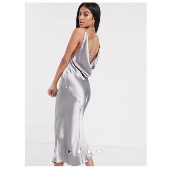 Asos Dark Gray Satin Cowl Back Midi Dress - Picture 1 of 8